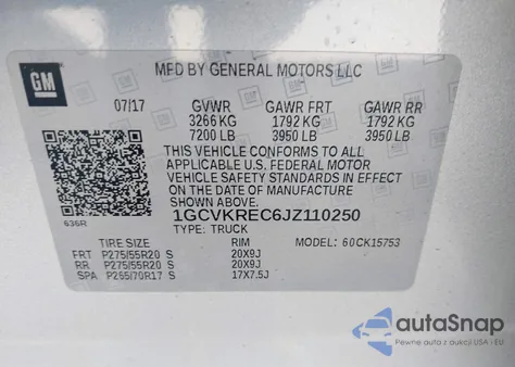 2018 Chevrolet Silverado 1500 2Lt z USA, uszkodzony, nr VIN 1GCVKREC6JZ110250